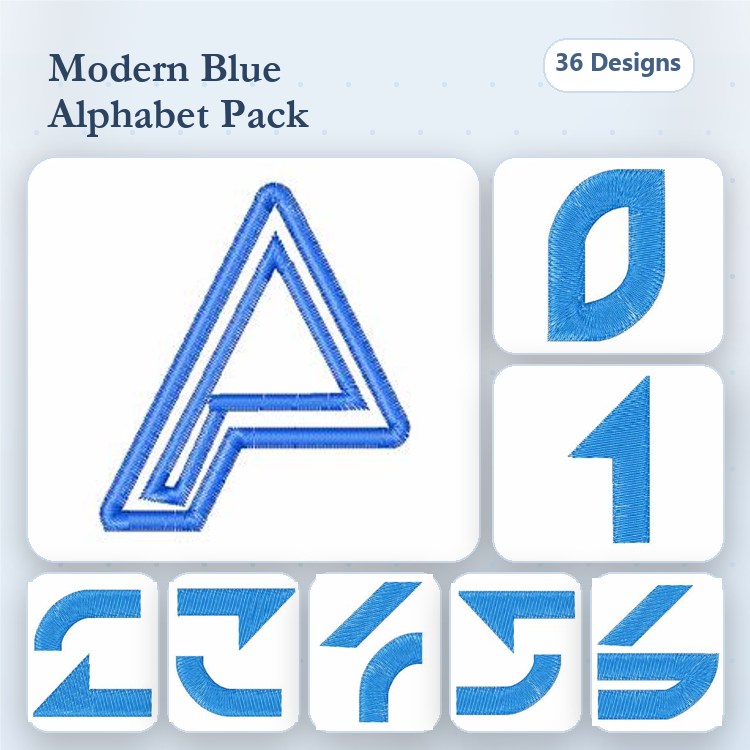 Modern Blue Alphabet Embroidery Designs Bundle – Letter A, Letter B, Letter C & More (36 Designs)
