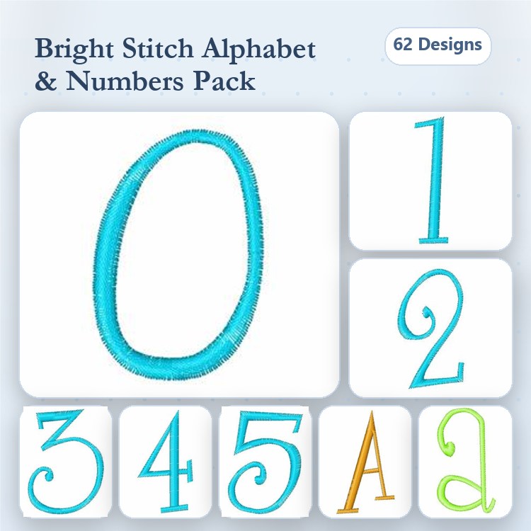 Bright Stitch Alphabet & Numbers Embroidery Designs Bundle – Number 0, Number 1, Letter A & More (62 Designs)