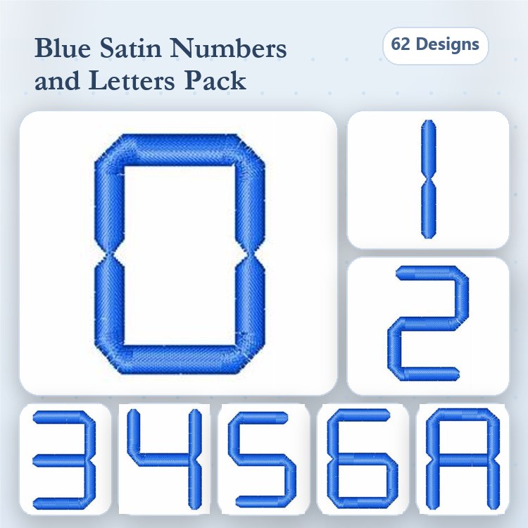 Blue Satin Numbers and Letters Embroidery Designs Bundle – Number 0, Number 1, Number 2, Number 3 & More (62 Designs)