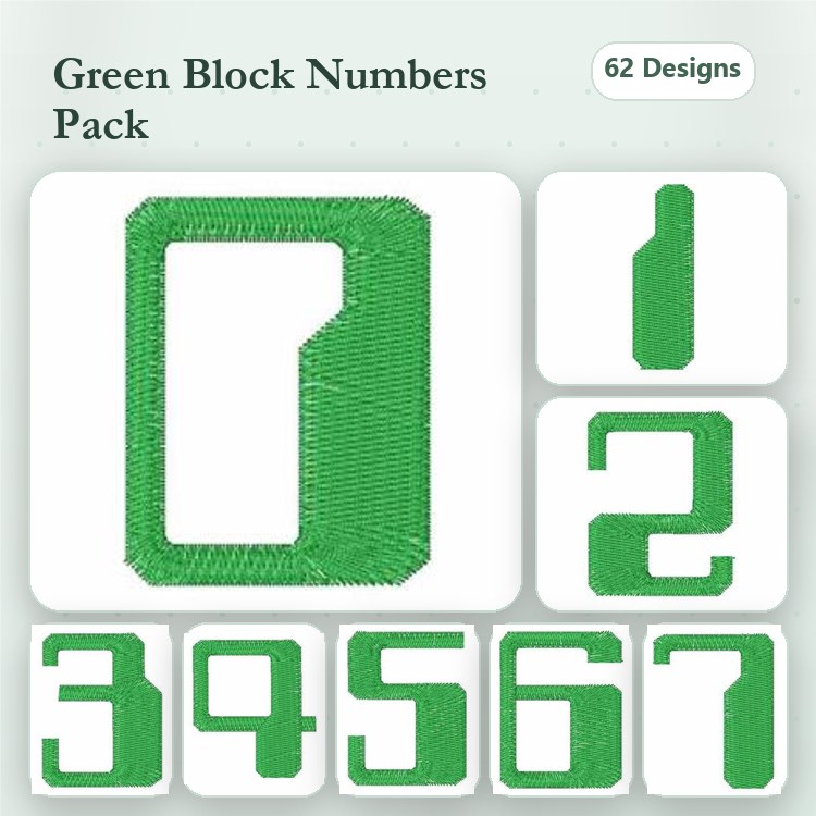 Green Block Numbers Embroidery Bundle – Number 0, Number 1, Number 2, Number 3, & More (62 Designs)