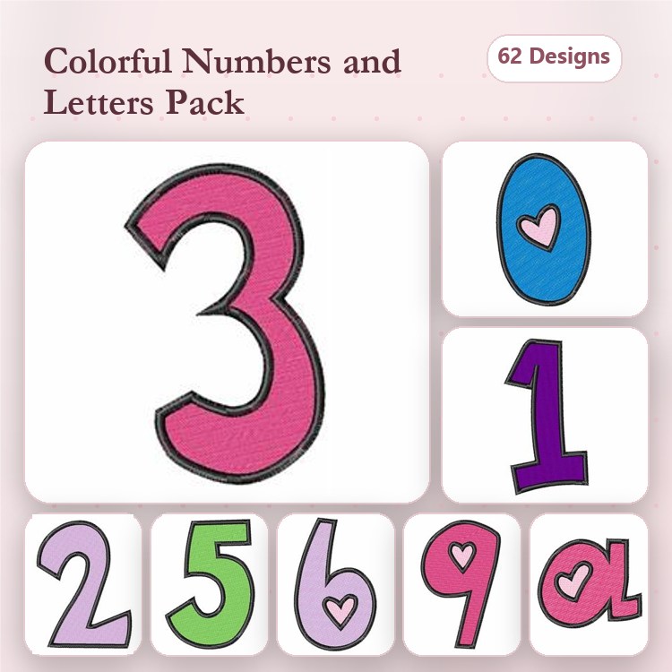 Colorful Numbers & Letters Embroidery Designs Bundle – Colorful Number 0, Colorful Number 1, Colorful Letter a & More (62 Designs)