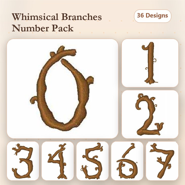 Branch-Themed Numbers Embroidery Designs Bundle – Whimsical Branch Number 0, Number 1, Number 2 & More (36 Designs)