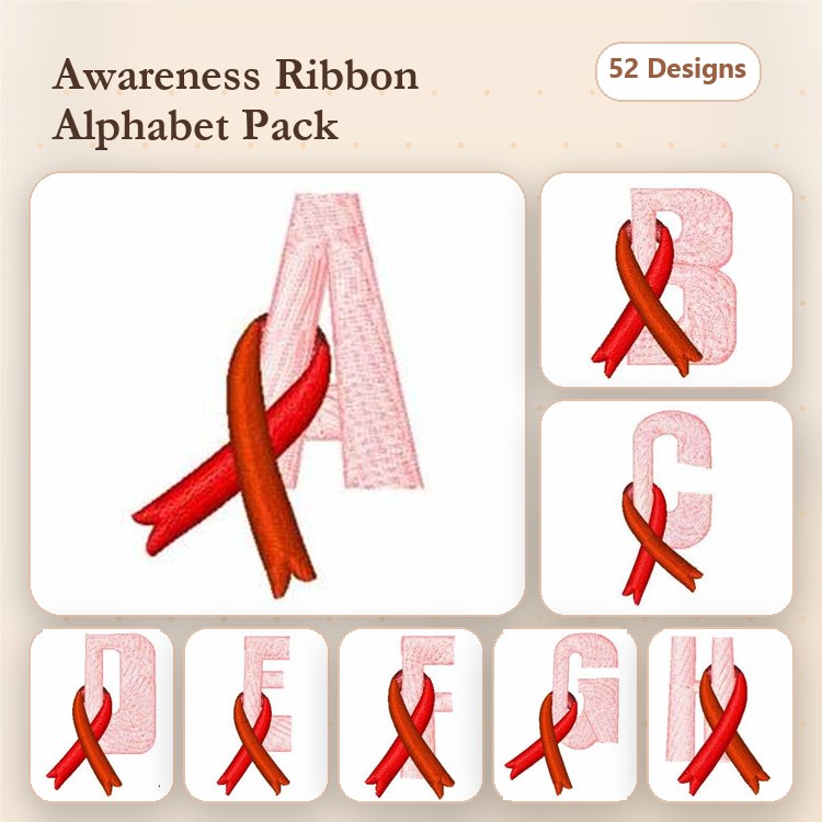 Awareness Ribbon Alphabet Embroidery Designs Bundle – Awareness Ribbon A, B, C, D, E & More (52 Designs)