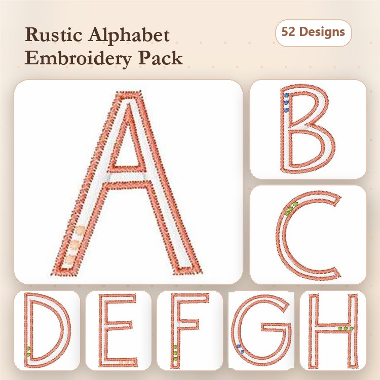 Rustic Alphabet Embroidery Designs Bundle – Letter A, Letter B, Letter C, Letter D & More (52 Designs)
