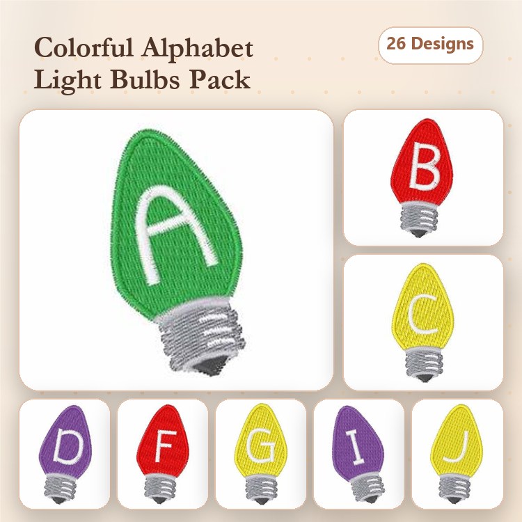 Colorful Alphabet Light Bulbs Embroidery Designs Bundle – Light Bulb A, Light Bulb B, Light Bulb C & More (26 Designs)