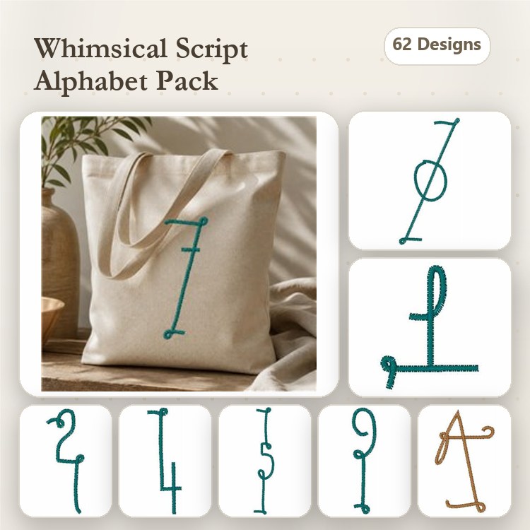 Letters & Numbers Embroidery Designs Bundle – Whimsical Script Alphabet Collection (62 Designs)