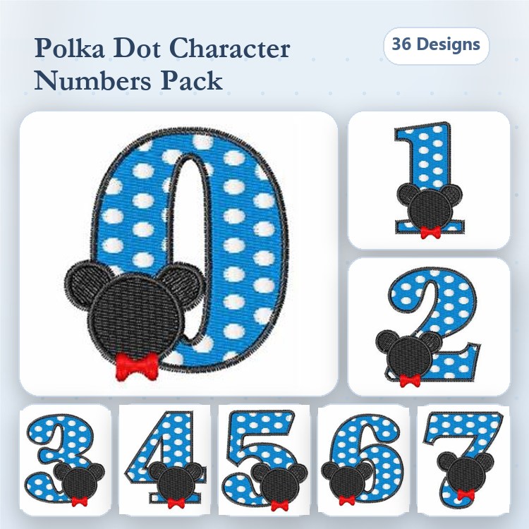 Applique Polka Dot Character Numbers Embroidery Designs Bundle – Number 0 with Character, Number 1 with Character, & More (36 Designs)