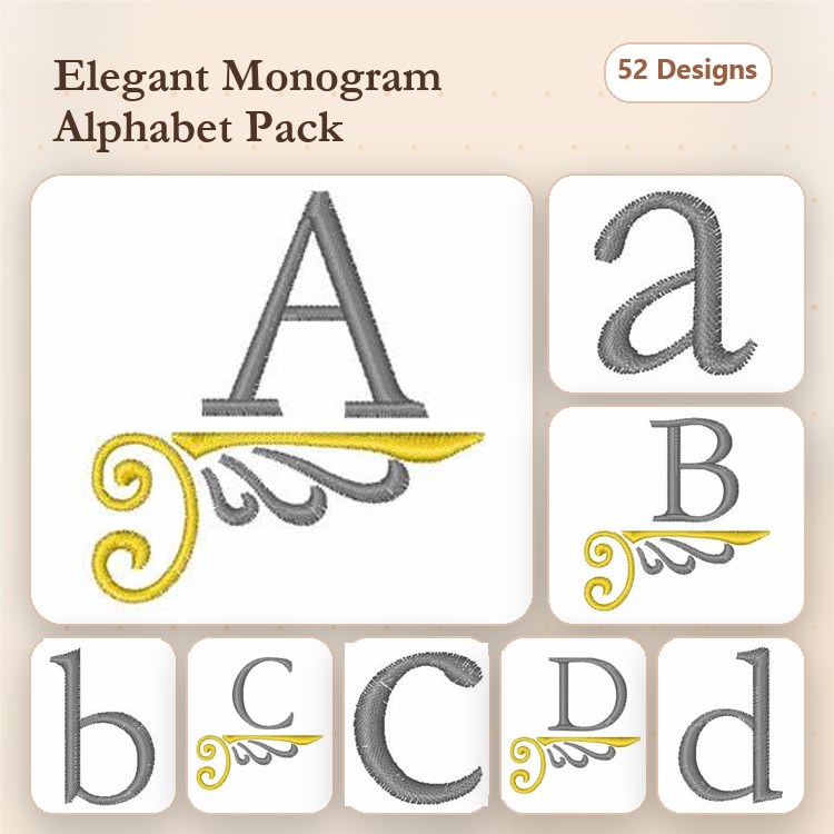 Elegant Monogram Alphabet Embroidery Designs Bundle – Monogram A, Monogram B, Monogram C & More (52 Designs)
