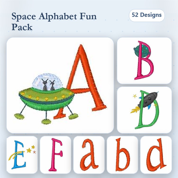 Space-Themed Alphabet Embroidery Designs Bundle – A with UFO, B with Stars, C Rocket & More (52 Designs)