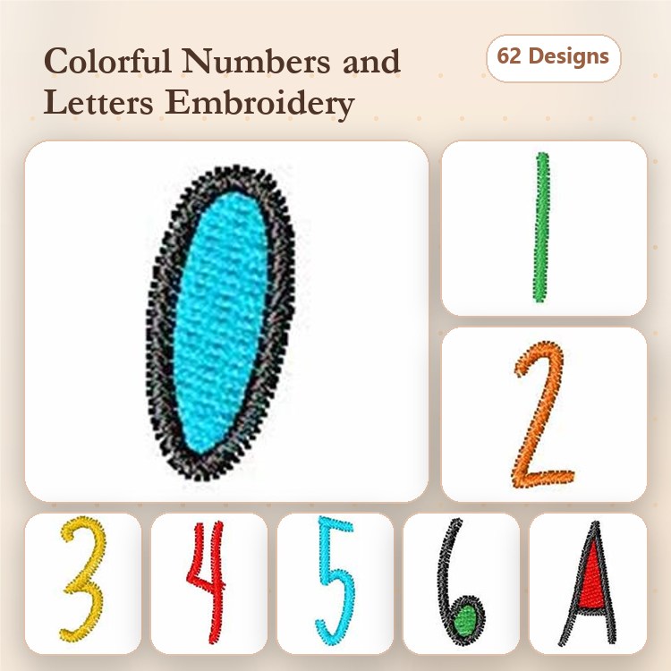 Colorful Numbers & Letter A Embroidery Designs Bundle – Colorful Number 0, Colorful Number 1, Colorful Number 2 & More (62 Designs)