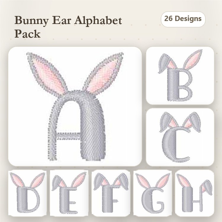Bunny Ear Alphabet Embroidery Designs Bundle – Bunny Ear A, Bunny Ear B, Bunny Ear C & More (26 Designs)