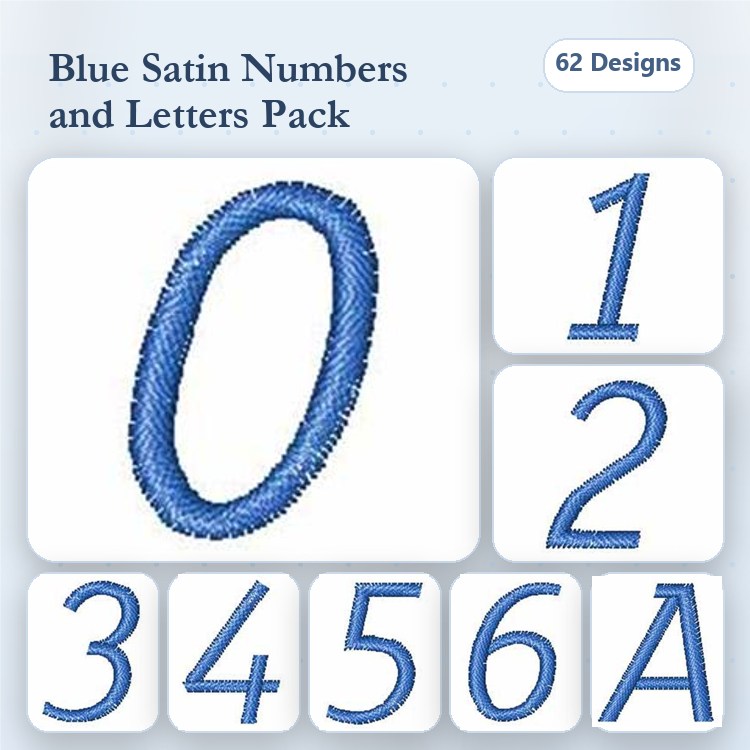 Blue Satin Numbers & Letters Embroidery Designs Bundle – Numbers 0-6, Letter A & More (62 Designs)