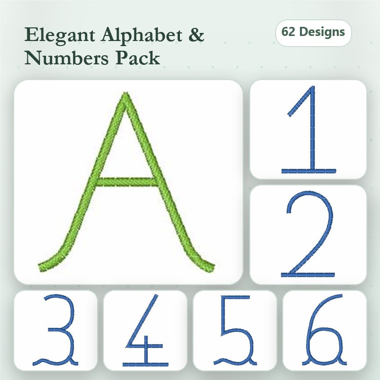 Alphabet and Numbers Embroidery Designs Bundle – Green Elegant Letter A, Blue Number 1, Blue Number 2 & More (62 Designs)
