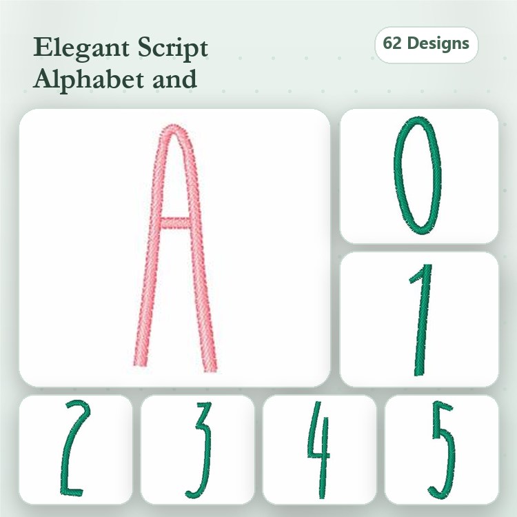 Elegant Script Alphabet Embroidery Designs Bundle – Fancy Letter A, Number 0, Number 1 & More (62 Designs)