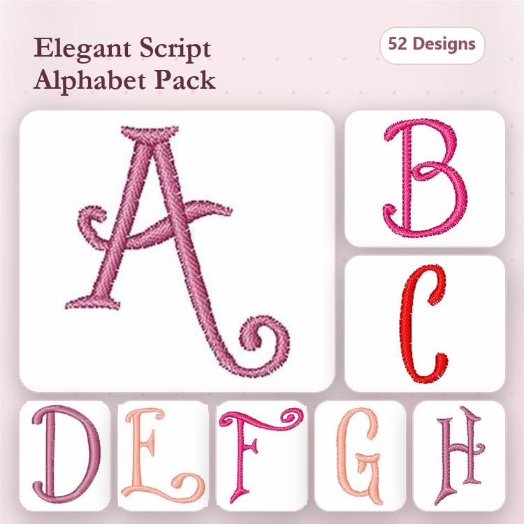 Elegant Script Alphabet Embroidery Designs Bundle – Letter A, B, C, D, E, F, G, H & More (52 Designs)