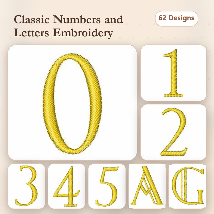 Classic Numbers and Letters Embroidery Designs Bundle – Number 0, Letter A, Number 1 & More (62 Designs)