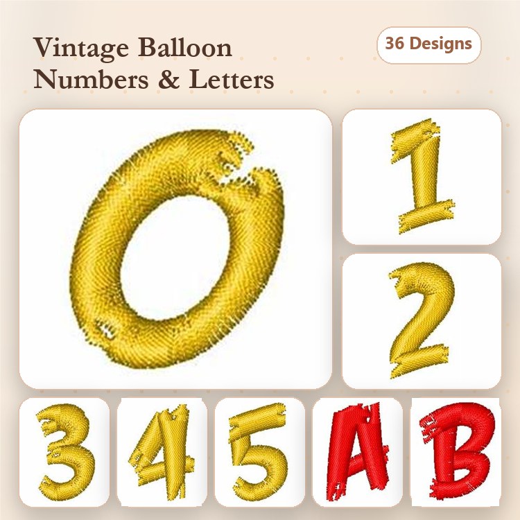 Golden Balloon Numbers & Letters Embroidery Designs Bundle – Golden Balloon O, 1, 2 & More (36 Designs)