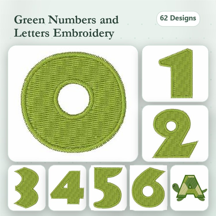 Green Numbers & Letters Embroidery Designs Bundle – Green Number 0, Green Number 1, Green Letter A & More (62 Designs)