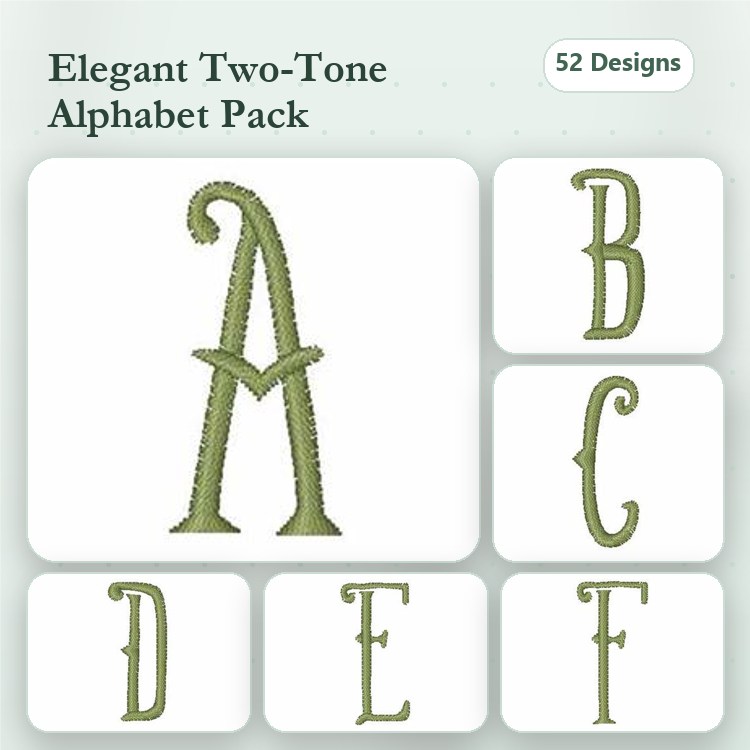 Two-Tone Alphabet Letters Embroidery Designs Bundle – Letter A, Letter B, Letter C, Letter D & More (52 Designs)