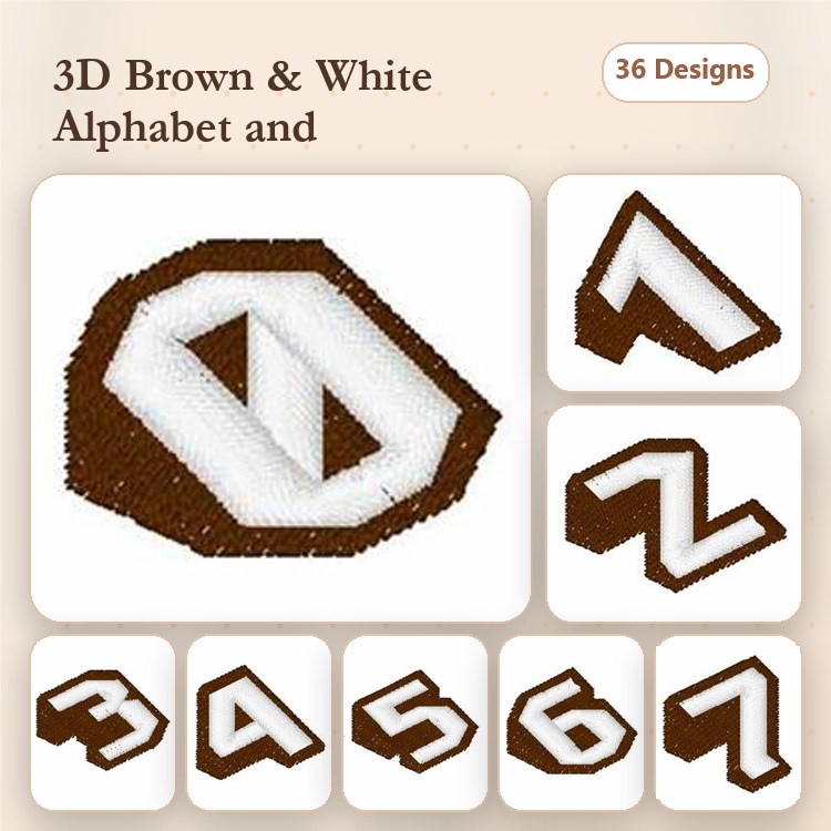 3D Brown and White Alphabet Embroidery Bundle – 3D Number Zero, 3D Number One, 3D Number Two & More (36 Designs)
