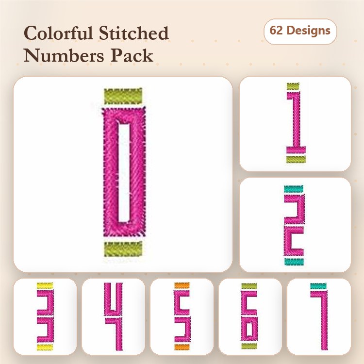 Colorful Numbers Embroidery Designs Bundle – Colorful Number 0, Colorful Number 1, Colorful Number 2 & More (62 Designs)