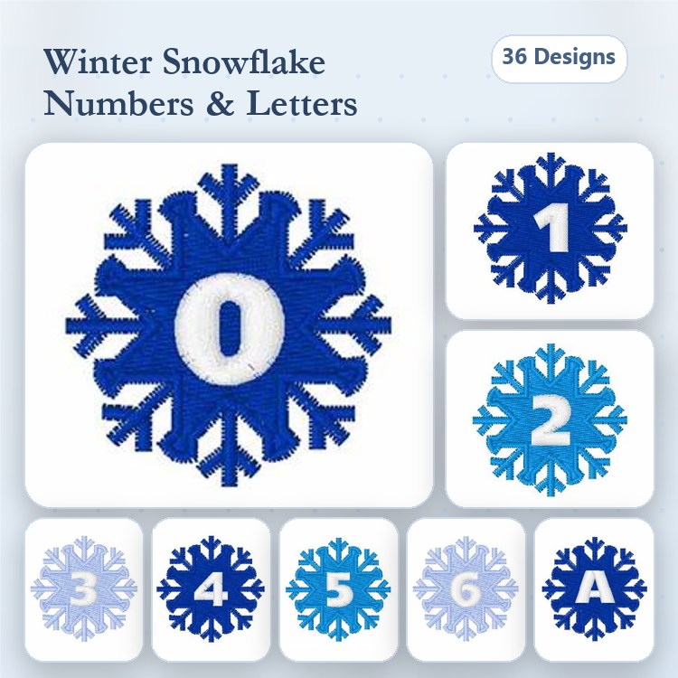 Winter Snowflake Embroidery Designs Bundle – Snowflake Number 0, Snowflake Number 1, Snowflake Letter A & More (36 Designs)