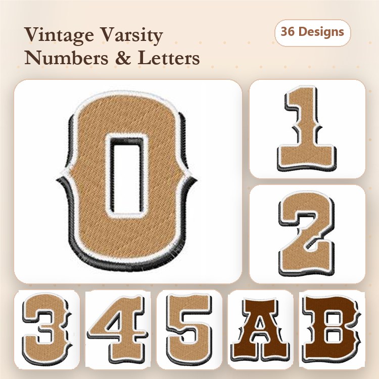 Vintage Varsity Numbers & Letters Embroidery Designs Bundle – Number 0, Number 1, Letter A & More (36 Designs)