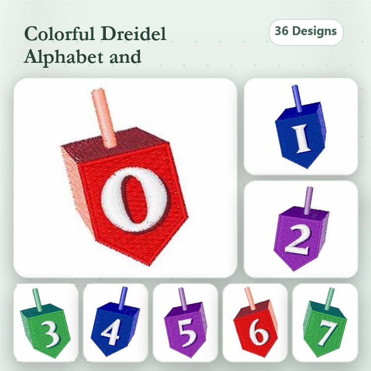 Colorful Dreidel Alphabet Embroidery Designs Bundle – Dreidel with 0, Dreidel with 1, Dreidel with 2 & More (36 Designs)