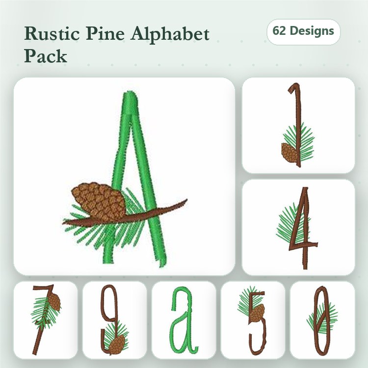 Pine Cone Rustic Alphabet Embroidery Designs Bundle – Pine Cone A, Pine Cone B, Pine Cone C & More (62 Designs)