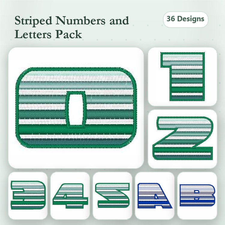 Striped Numbers & Letters Embroidery Designs Bundle – Striped Number 0, Striped Letter A, Striped Number 1 & More (36 Designs)