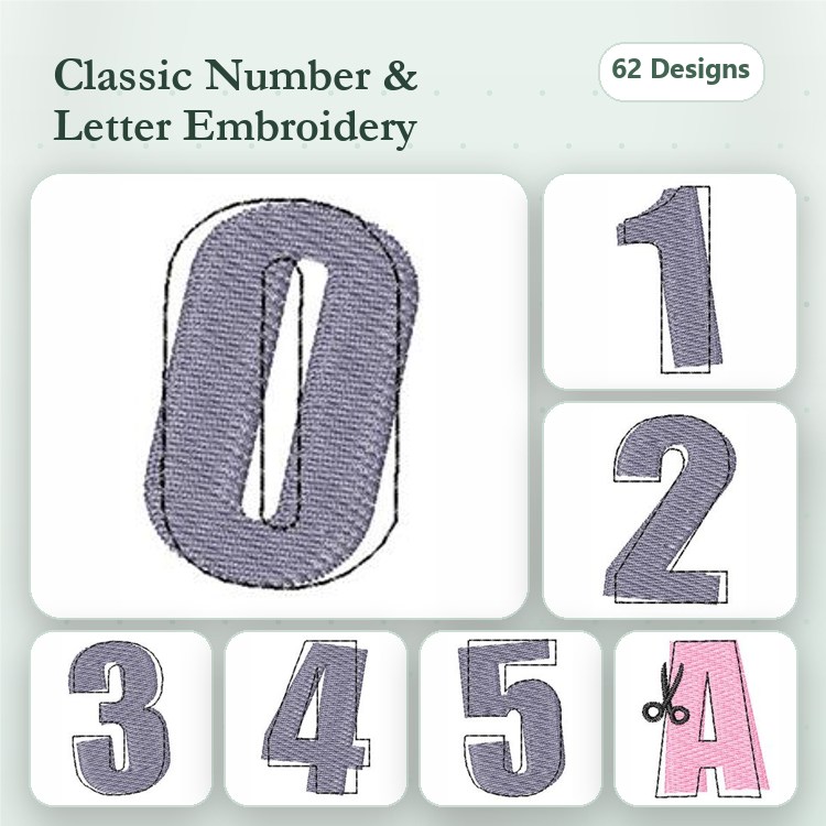 Classic Numbers and Letters Embroidery Designs Bundle – Number 0, Number 1, Number 2 & More (62 Designs)