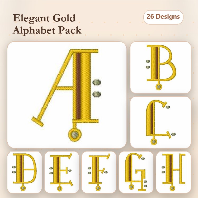 Elegant Gold Alphabet Embroidery Designs Bundle – A, B, C, D, E, F, G, H & More (26 Designs)