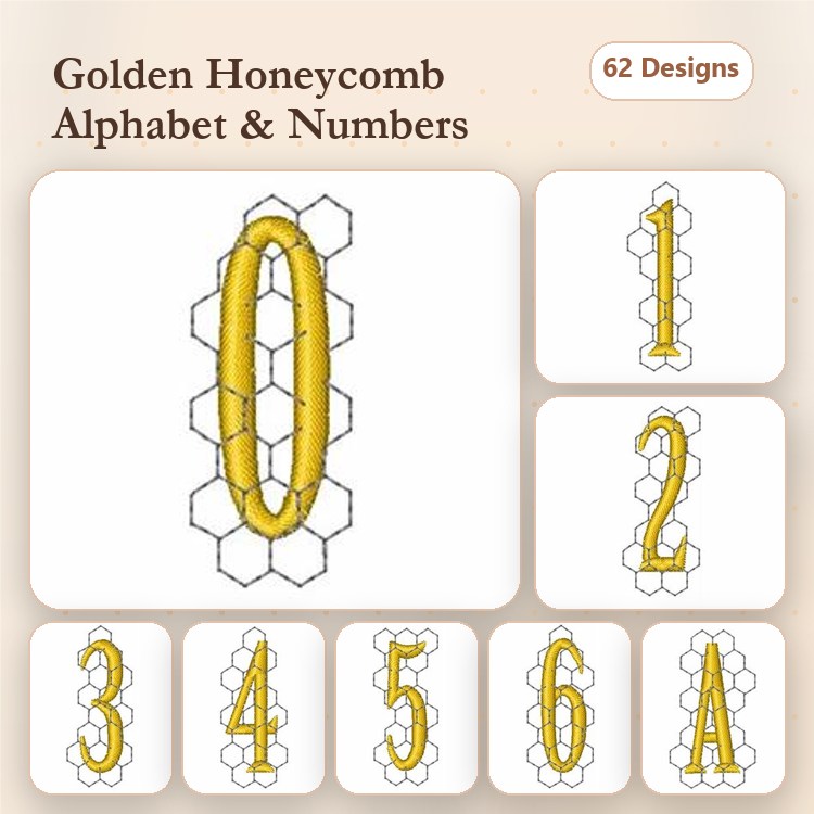 Honeycomb Alphabet & Numbers Embroidery Designs Bundle – Golden Letters and Numbers (62 Designs)