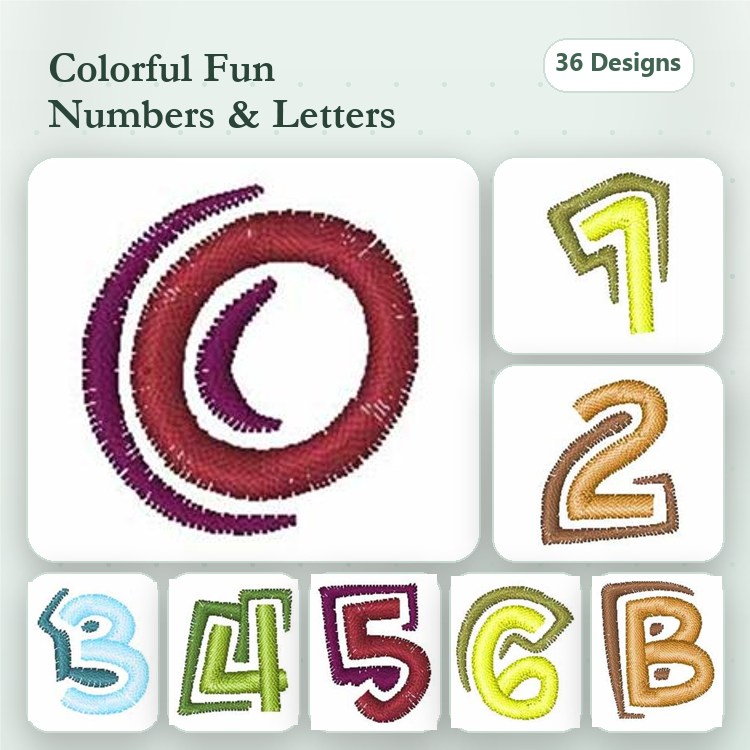 Colorful Numbers & Letters Embroidery Designs Bundle – Colorful Number 1, Colorful Letter B & More (36 Designs)