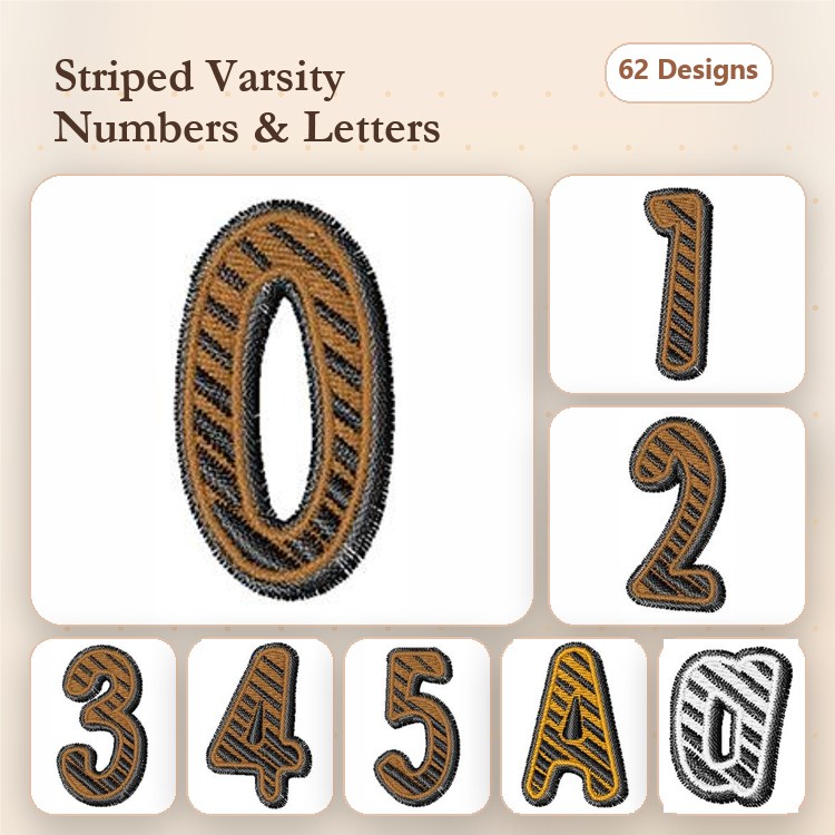 Striped Varsity Numbers & Letters Embroidery Designs Bundle – Striped Number 0, Striped Number 1, Striped Number 2 & More (62 Designs)