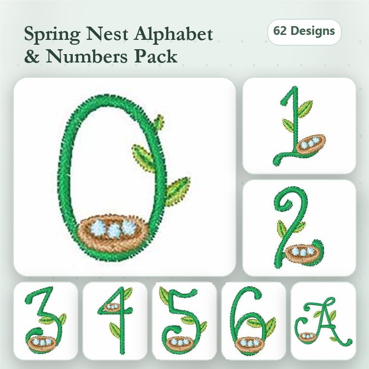 Spring Nest Alphabet & Numbers Embroidery Designs Bundle – Spring Nest Zero, Spring Nest One, Spring Nest Two & More (62 Designs)