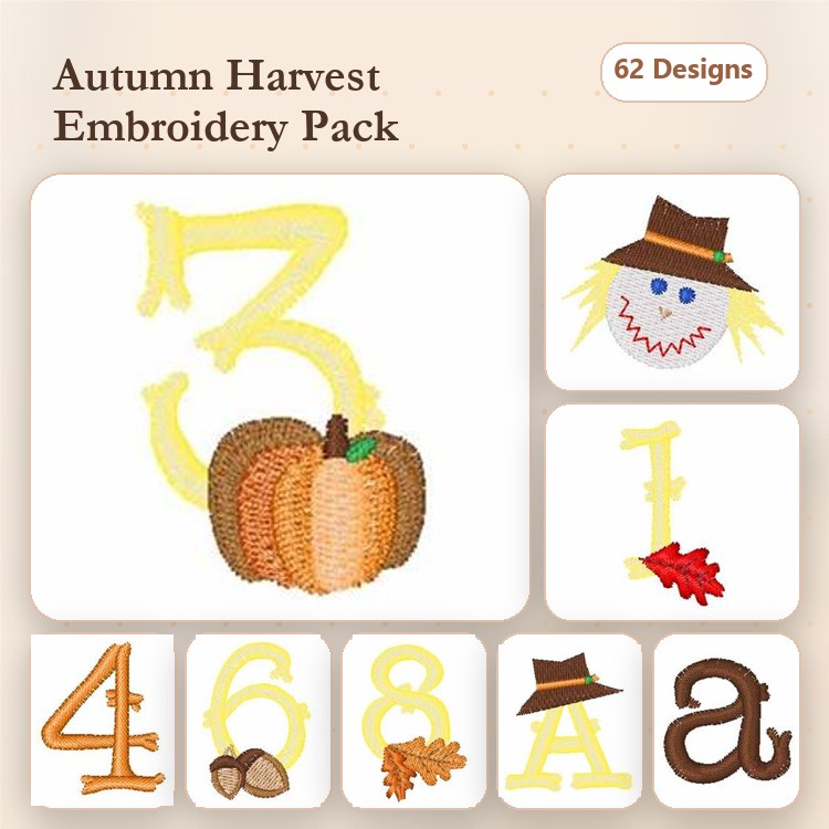 Autumn Harvest Embroidery Designs Bundle – Pumpkin, Scarecrow, Fall Leaf & More (62 Designs)