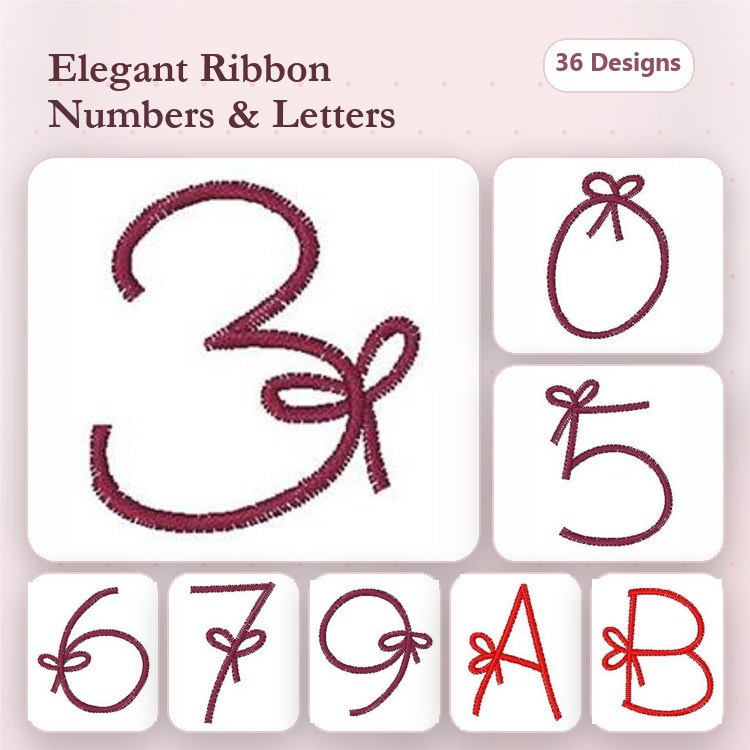Ribbon Numbers & Letters Embroidery Designs Bundle – Number 0, Number 3, Letter A & More (36 Designs)
