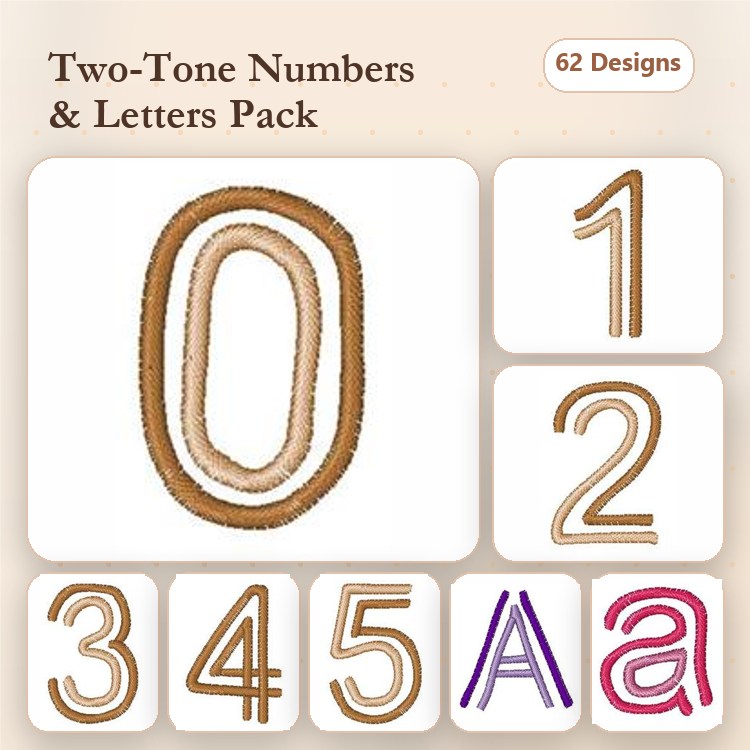 Two-Tone Numbers & Letters Embroidery Designs Bundle – Number 0, Number 1, Number 2, Letter A & More (62 Designs)