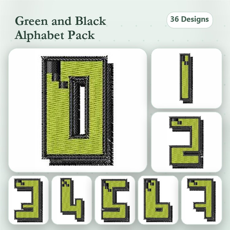 Green and Black Alphabet Embroidery Bundle – Alphabet Number 0, Alphabet Number 1, Alphabet Number 2 & More (36 Designs)