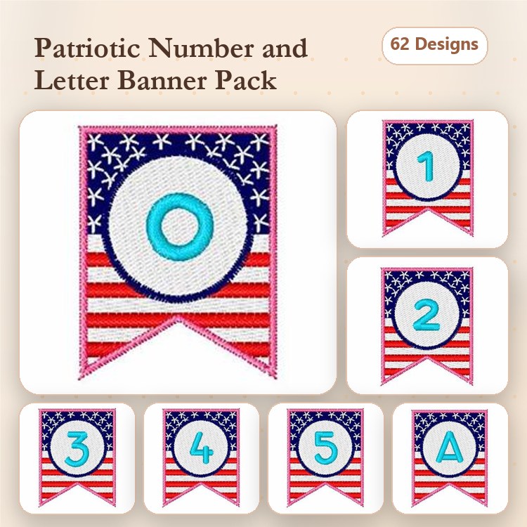 Patriotic Banner Embroidery Bundle – Banner with Circle and Stars, Number 1, Number 2, Number 3 & More (62 Designs)