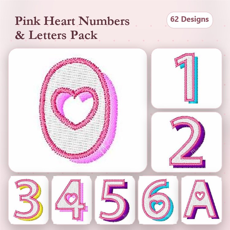 Pink Heart Numbers & Letter A Embroidery Designs Bundle – Zero with Heart, One, Two, Three & More (62 Designs)