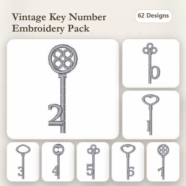 ITH Key Fob Embroidery Designs Bundle – Vintage Key with Circle, Vintage Key with Number 0, & More (62 Designs)