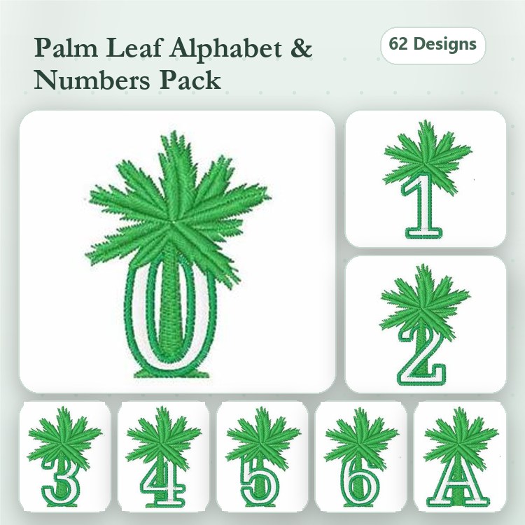 Palm Leaf Alphabet & Numbers Embroidery Designs Bundle – Palm Leaf U, 1, 2, 3, 4, 5 & More (62 Designs)