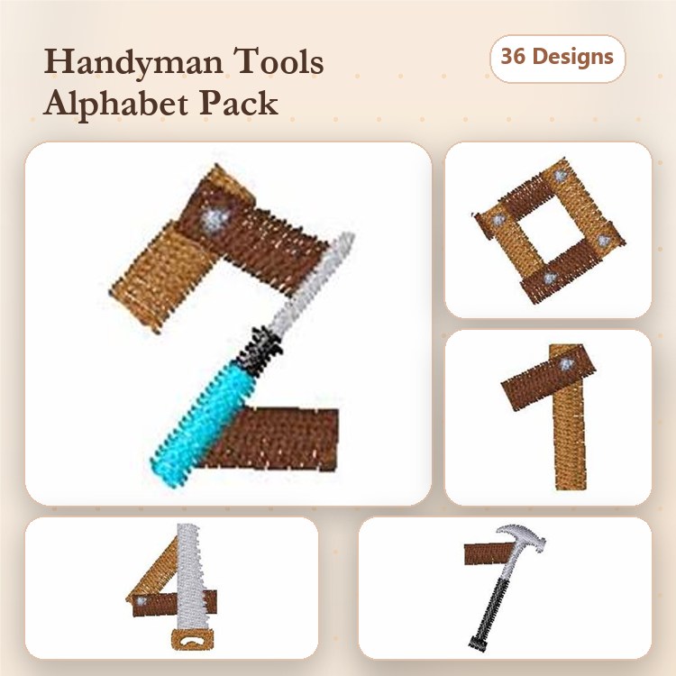 Handyman Tools Alphabet Embroidery Designs Bundle – Hammer, Screwdriver, Saw & More (36 Designs)