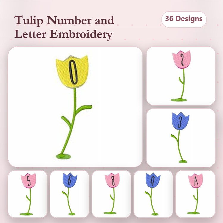 Floral Tulip Numbers & Letters Embroidery Bundle – Tulip Number 0, Tulip Number 2, Tulip Letter A & More (36 Designs)