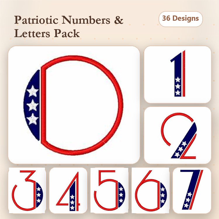 Applique Patriotic Numbers and Letters Embroidery Designs Bundle – Letter D, Number 1, Number 2 & More (36 Designs)