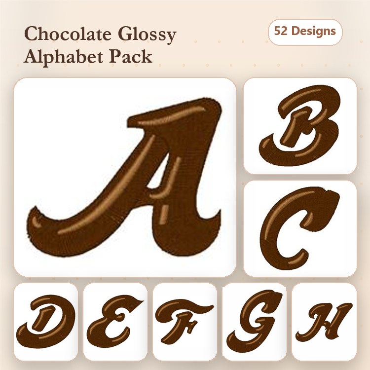 Chocolate Glossy Alphabet Embroidery Bundle – Chocolate Letter A, Chocolate Letter B, Chocolate Letter C & More (52 Designs)