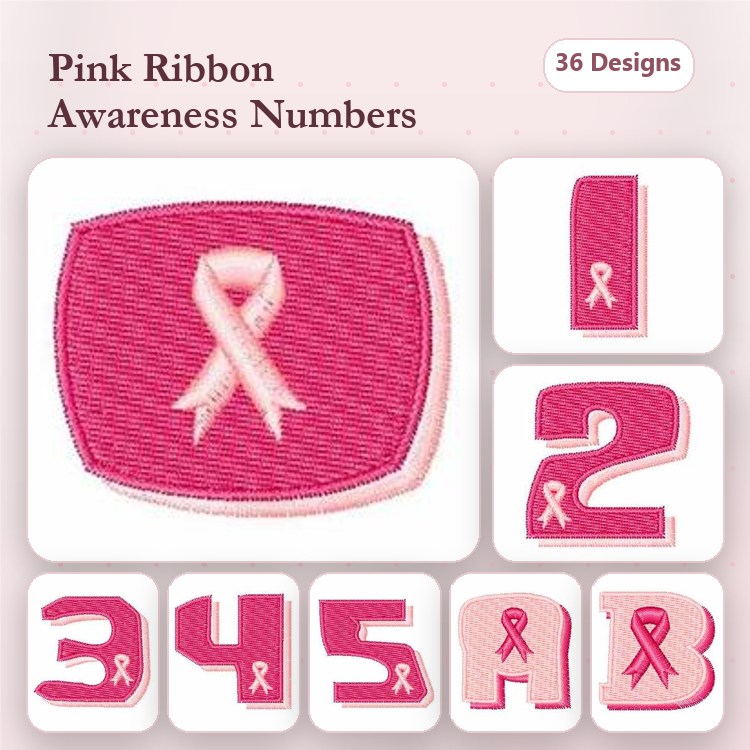 Applique Pink Ribbon Numbers Embroidery Bundle – Pink Ribbon Number 0, Number 1, Number 2 & More (36 Designs)