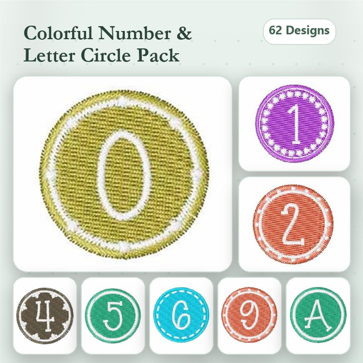 Colorful Numbers & Letters Embroidery Designs Bundle – Number Circle with 0, Letter Circle with A & More (62 Designs)